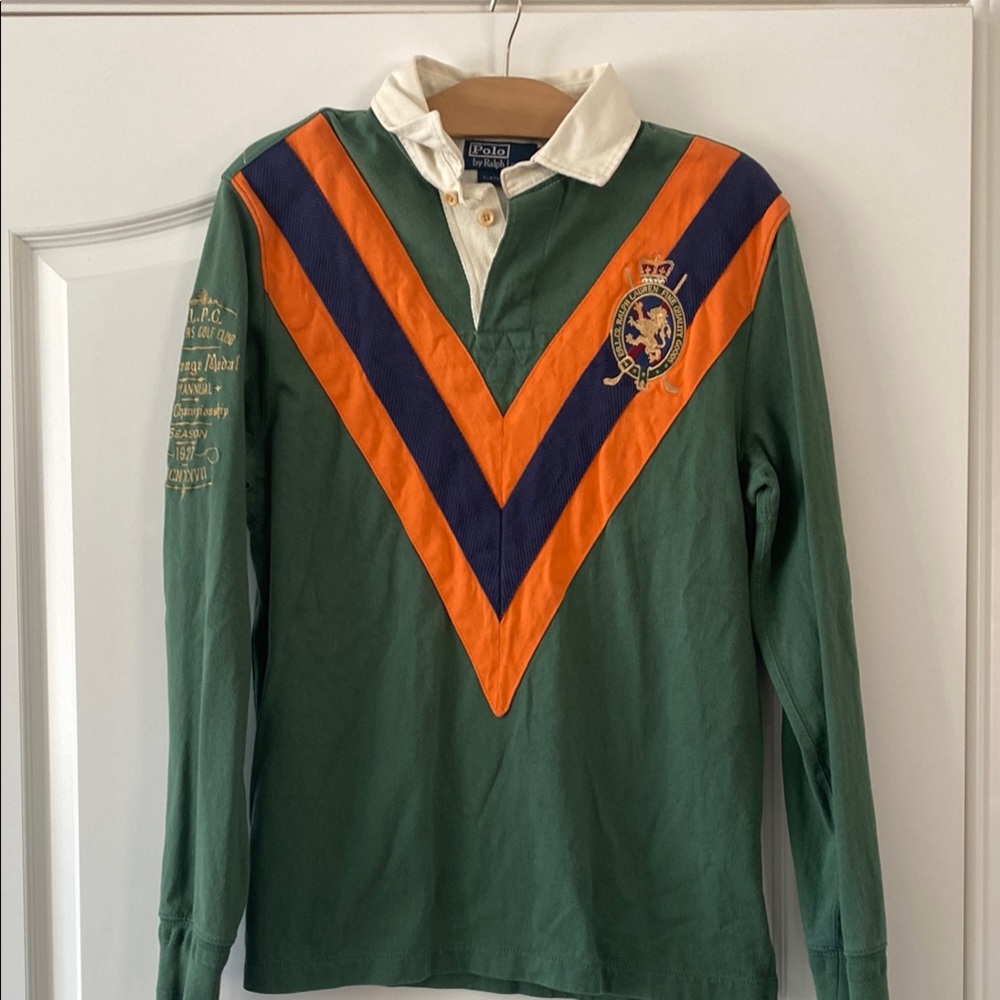 Green Long Sleeve Rugby Polo with Orange & Navy Chevron